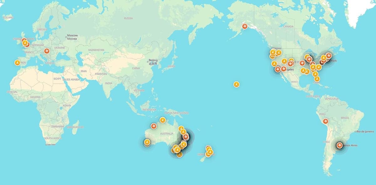 A map showing all the Peels host pins around the world